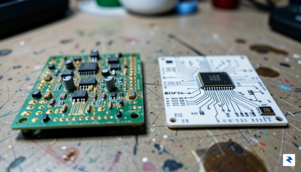 A close-up, high-contrast photograph showing a dusty, aging circuit board…