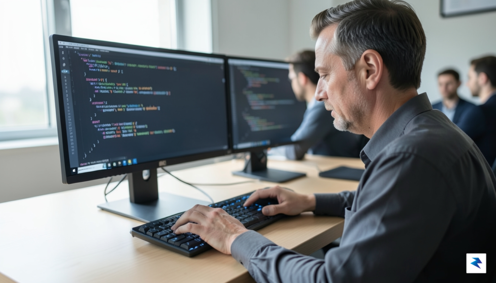 A developer sitting at a clean desk, carefully reviewing code&hellip;
