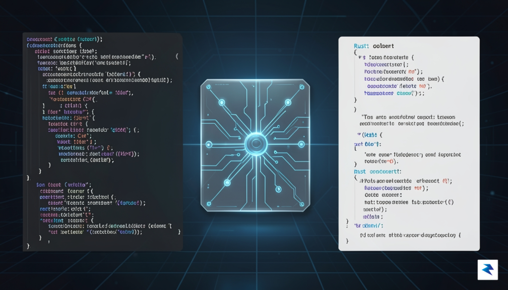 A conceptual digital diagram showing a complex C++ code block&hellip;