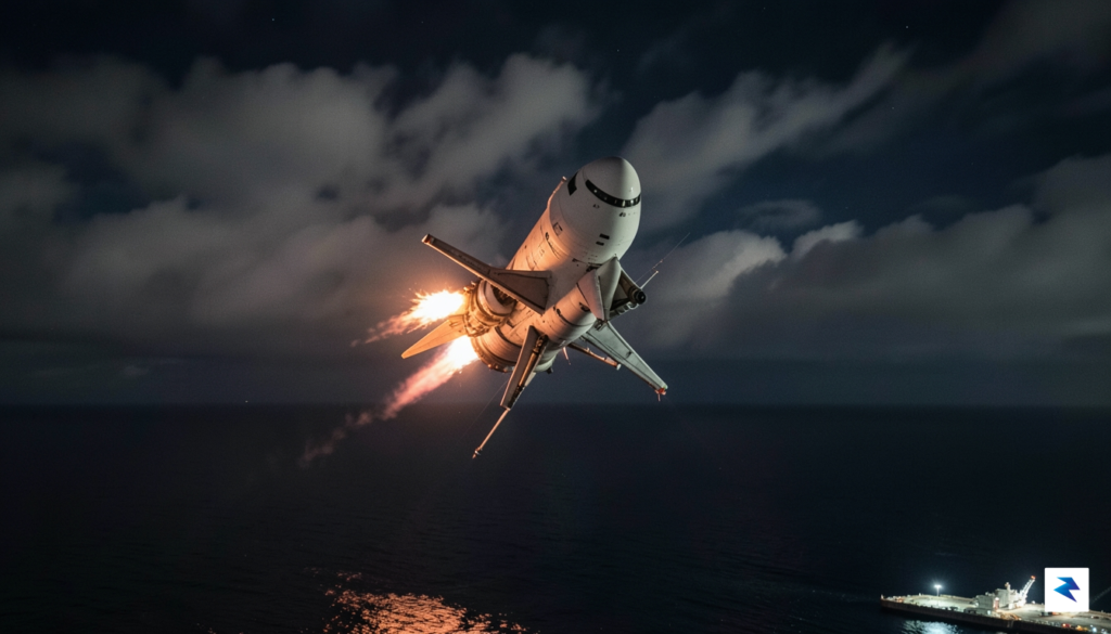A long-exposure night shot of a Falcon 9 first-stage booster&hellip;