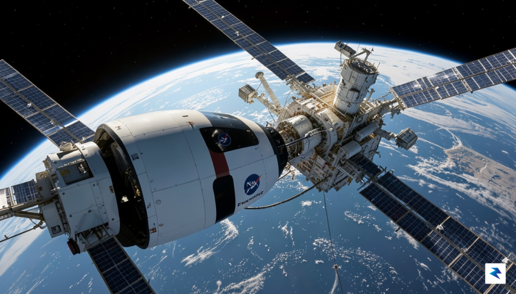 A wide-angle shot of the SpaceX Crew Dragon Endeavour docked&hellip;