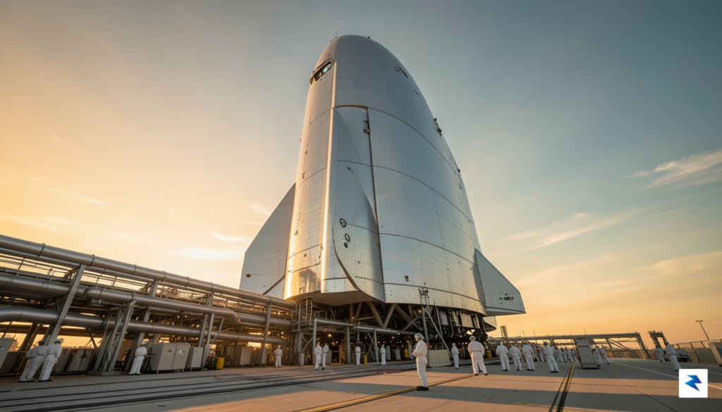 A wide-angle, cinematic shot of a towering Starship vehicle standing&hellip;