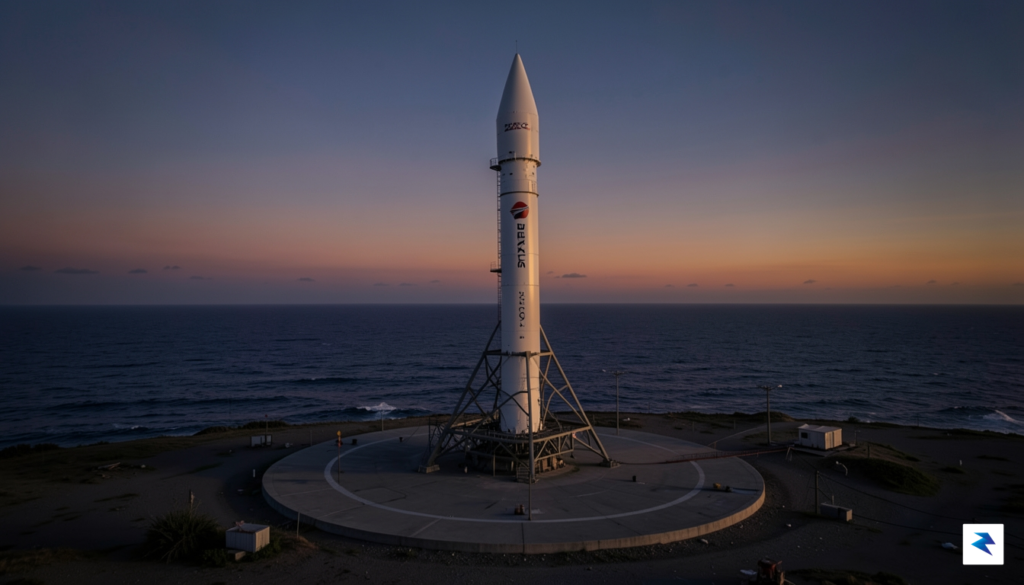 A dramatic, wide-angle shot of the Falcon 1 rocket standing&hellip;