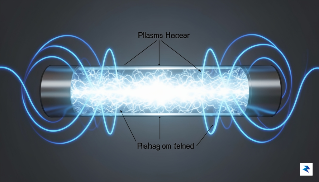 A cross-sectional diagram showing a linear plasma chamber with glowing,…