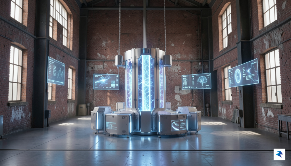 A conceptual digital rendering showing a sleek, modular fusion reactor…
