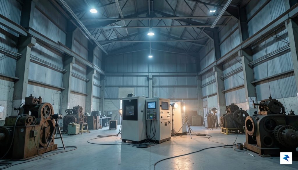 A wide-angle interior shot of a massive, industrial-scale warehouse space…