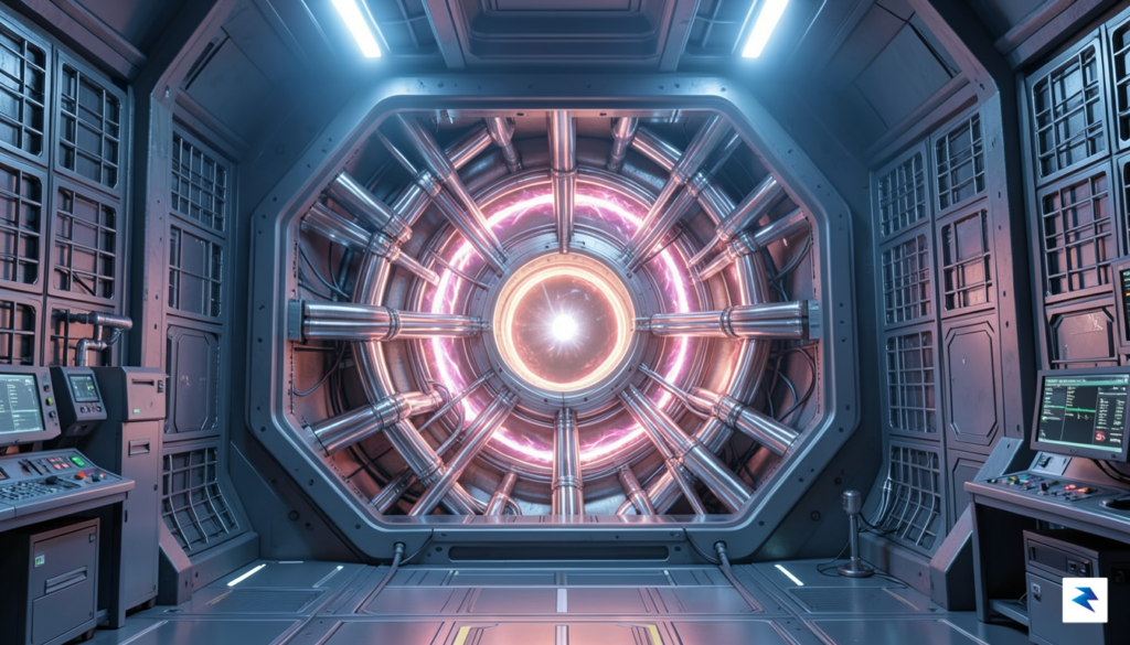 A cross-sectional 3D digital render of a futuristic fusion reactor…