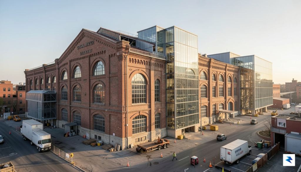 A wide-angle, cinematic shot showing the exterior of the historic,…