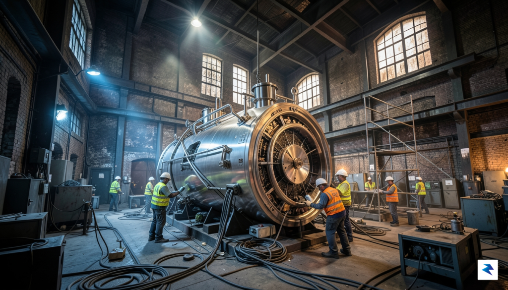 A wide-angle, high-contrast shot showing a sleek, modern fusion reactor…