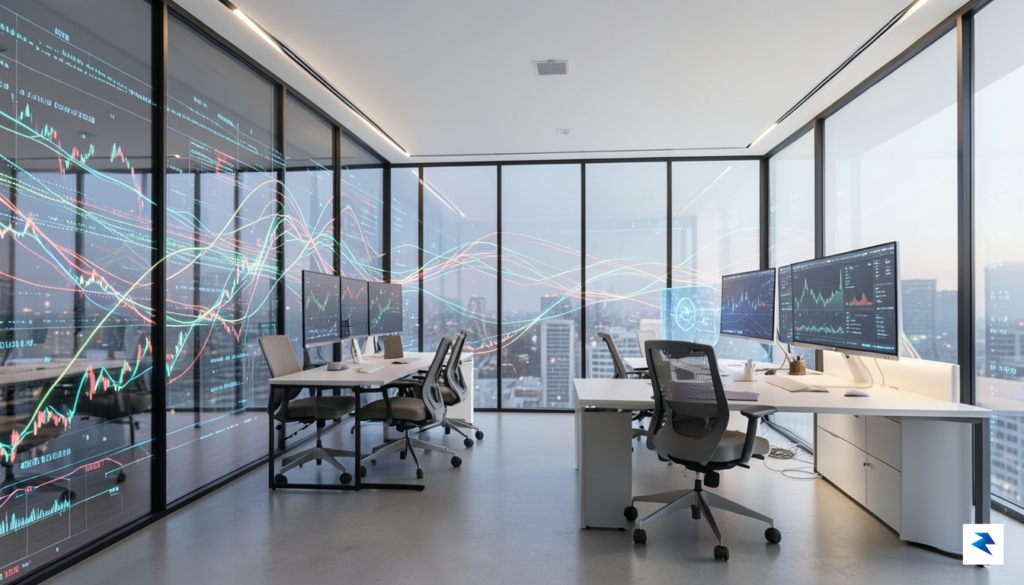 A sleek, modern office space with digital data streams reflecting&hellip;