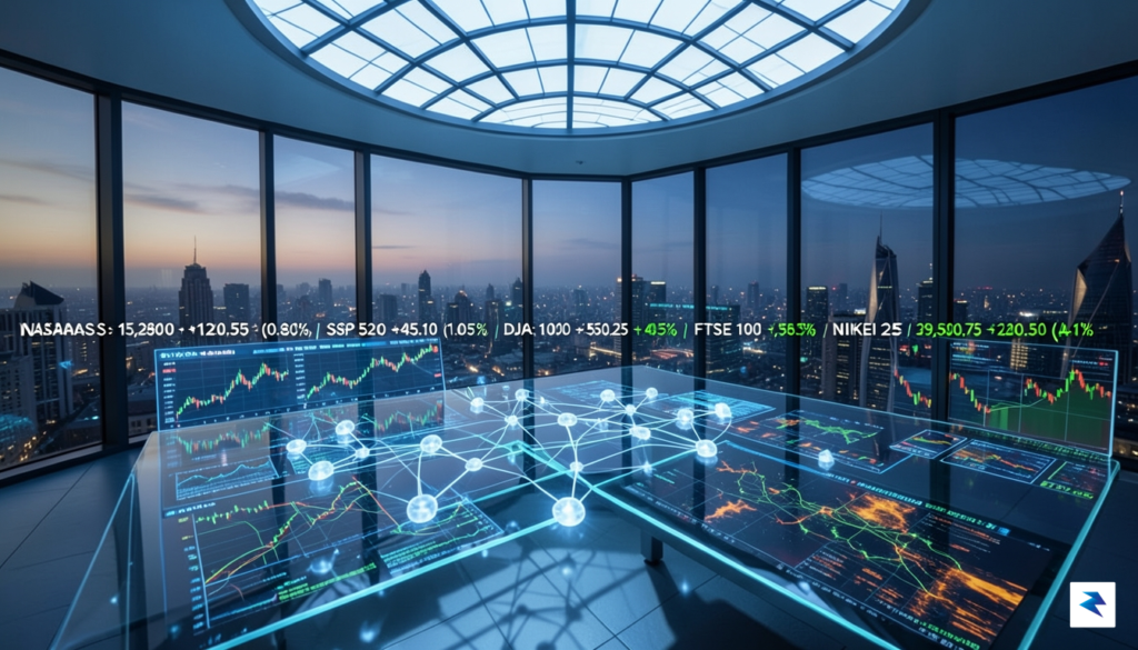 A sleek, futuristic digital workspace showing complex financial data visualizations,&hellip;