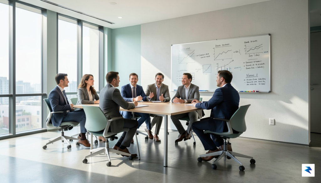 A modern, minimalist professional office interior with a diverse team…