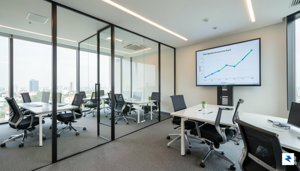 A modern, professional office setting in Bangalore featuring a clean,…