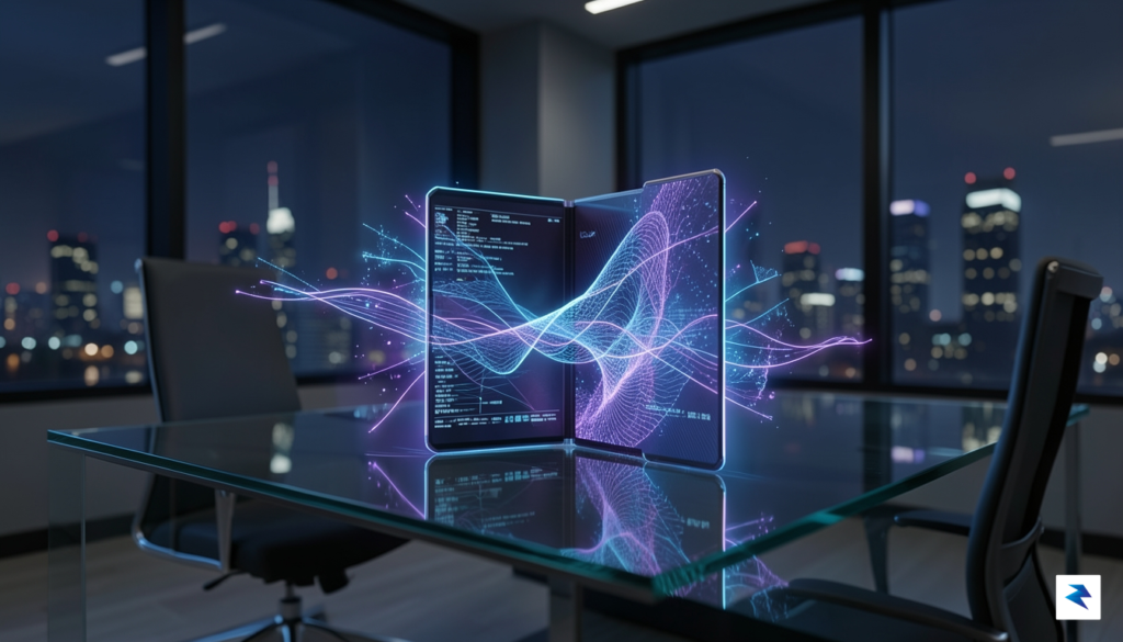 A sleek, high-tech conceptual visualization showing a Galaxy Z Fold&hellip;