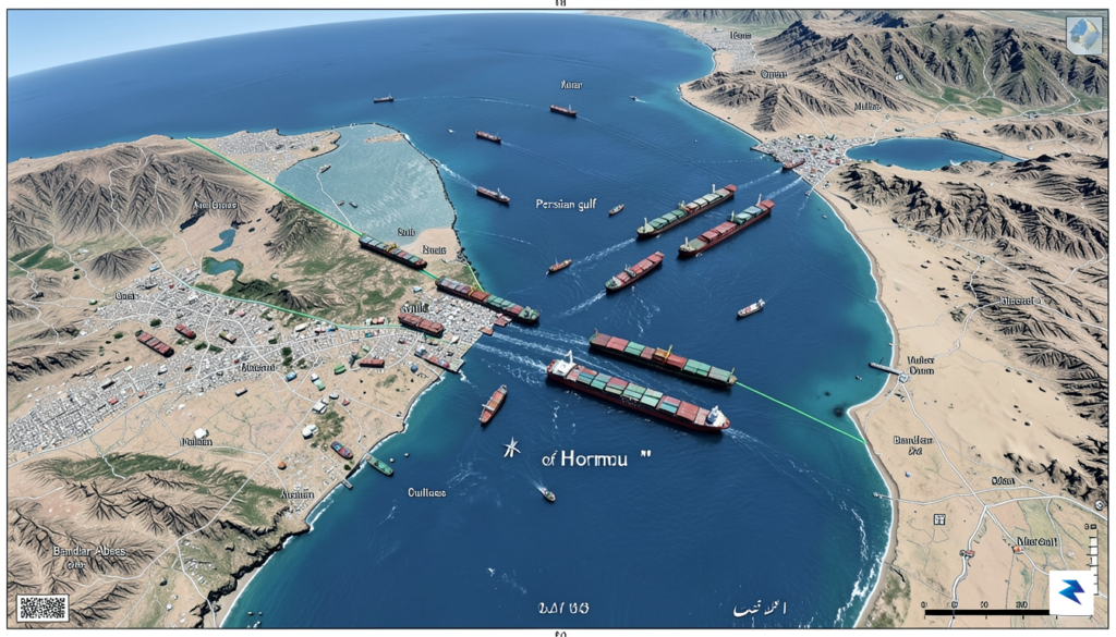 A detailed satellite-style map highlighting the narrow Strait of Hormuz&hellip;