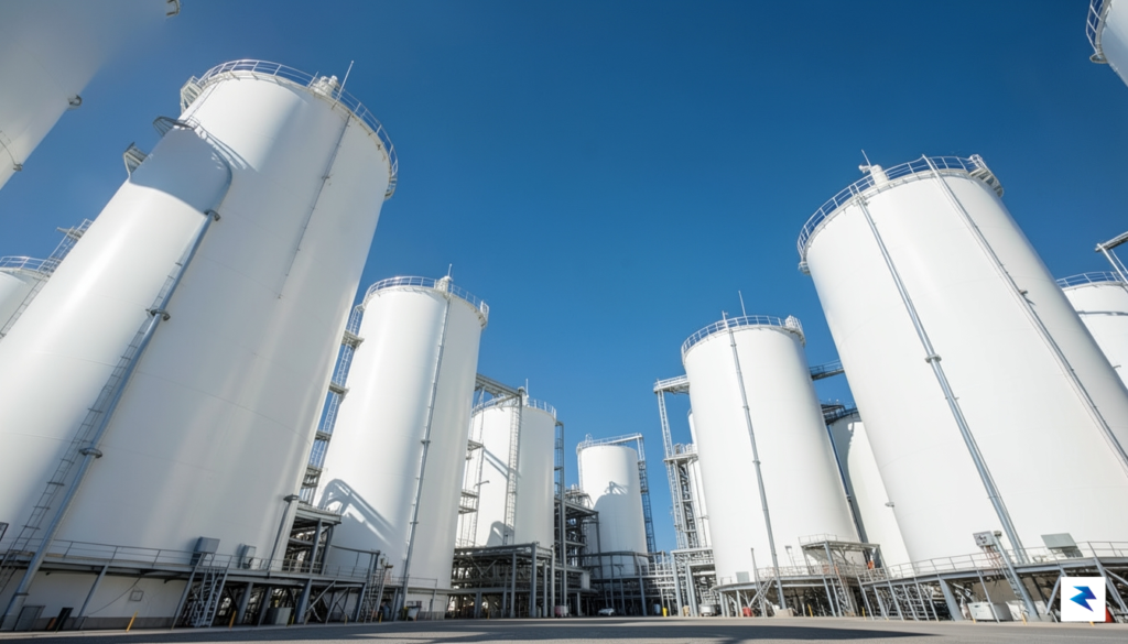A wide-angle, cinematic photograph of a massive, industrial-scale oil storage&hellip;