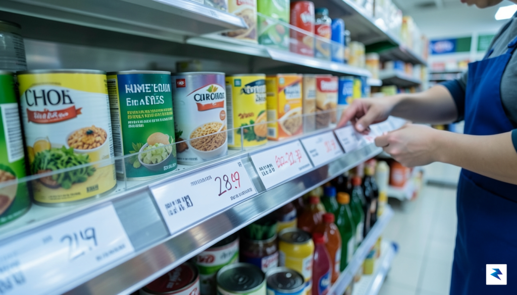 A high-angle close-up shot of a modern grocery store shelf&hellip;