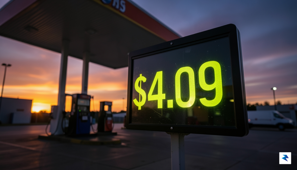 A wide-angle shot of a digital gas station price sign&hellip;