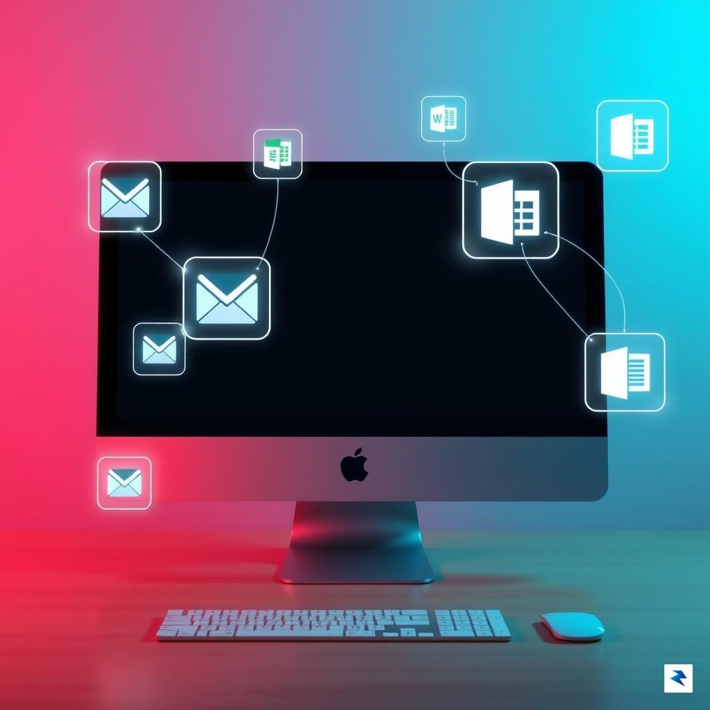 A sleek, high-resolution desktop setup showing a Mac screen with…