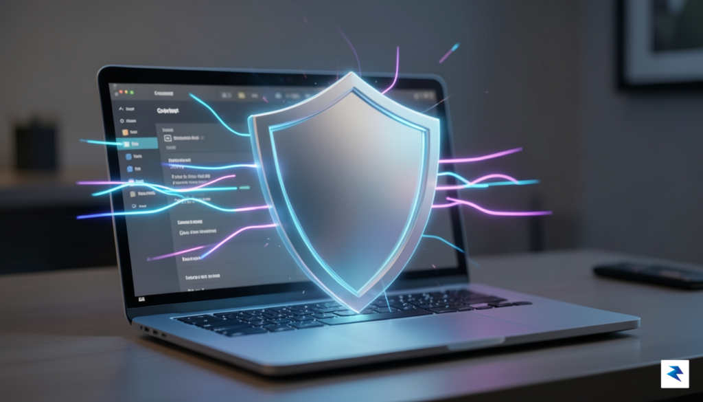 A conceptual digital illustration showing a translucent, secure shield icon…