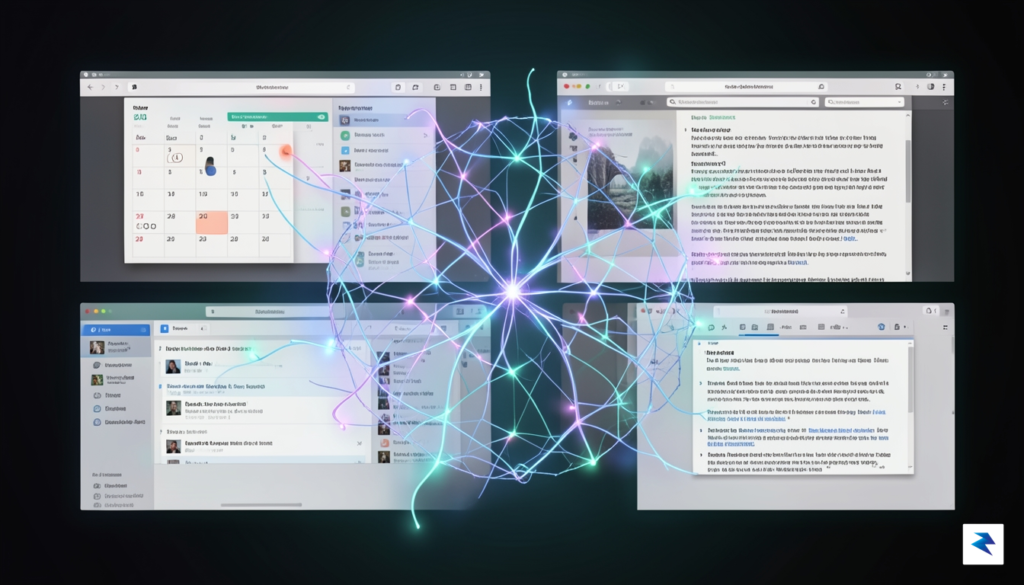 A conceptual digital illustration showing a glowing, multi-layered neural network…