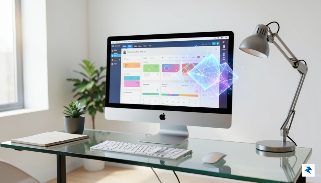 A high-resolution, modern workspace featuring a sleek Mac setup with…
