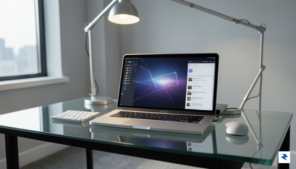 A sleek, modern desk setup showing a MacBook Pro with…