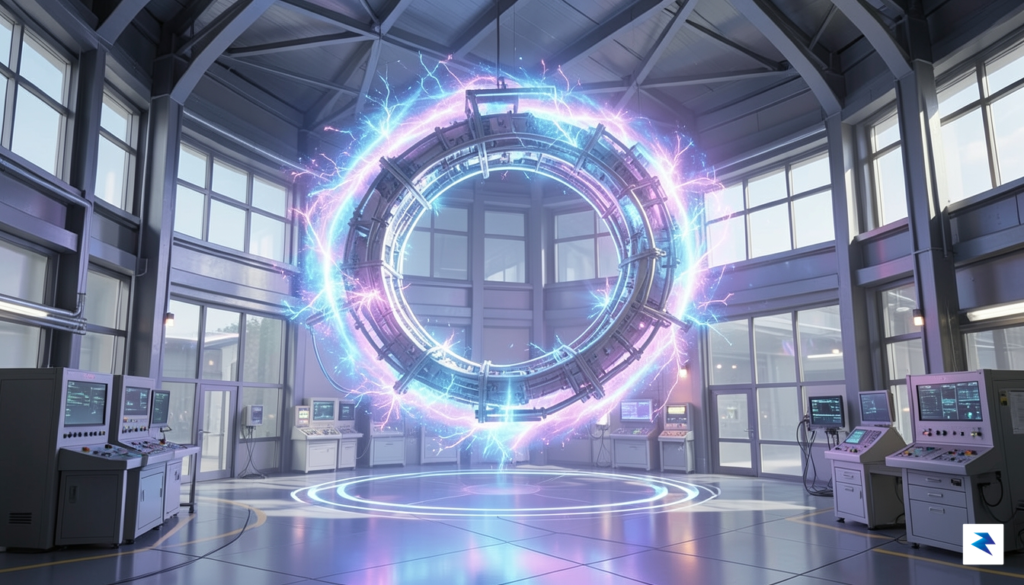 A conceptual digital illustration showing a glowing, stabilized plasma torus…