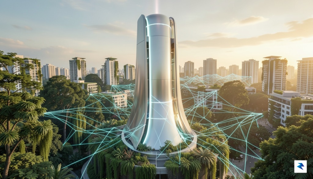 A conceptual digital art piece showing a futuristic, clean energy…