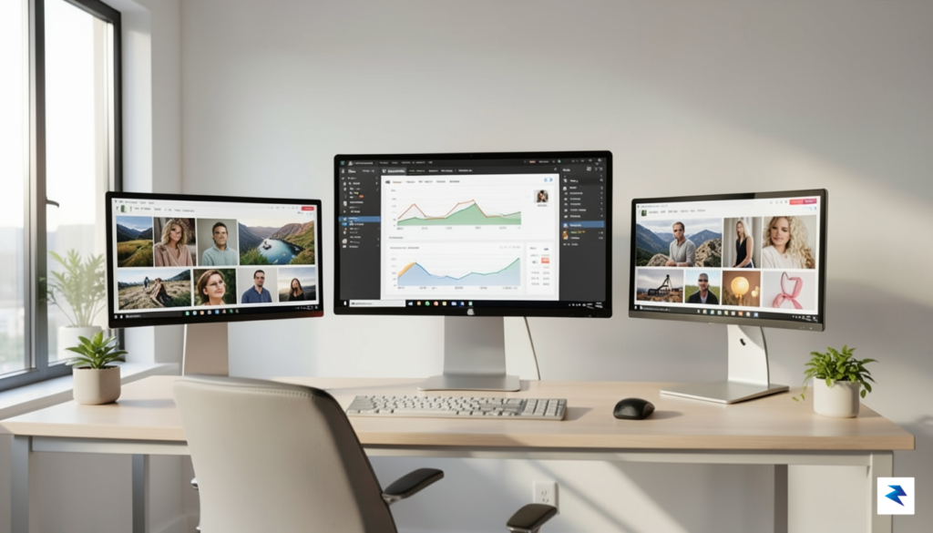 A modern digital workspace featuring multiple high-resolution monitors displaying diverse&hellip;