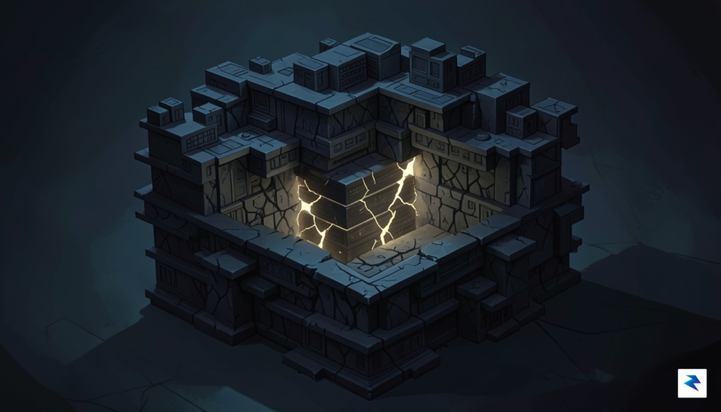 A conceptual digital illustration representing a shadowy, layered structure of…