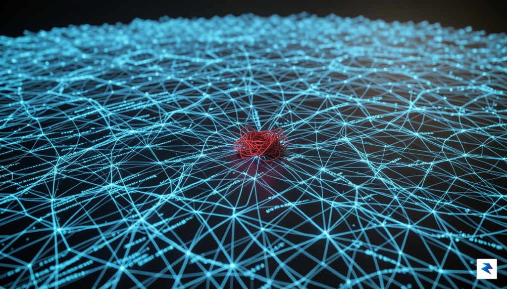 A digital visualization of a massive, complex network of glowing…