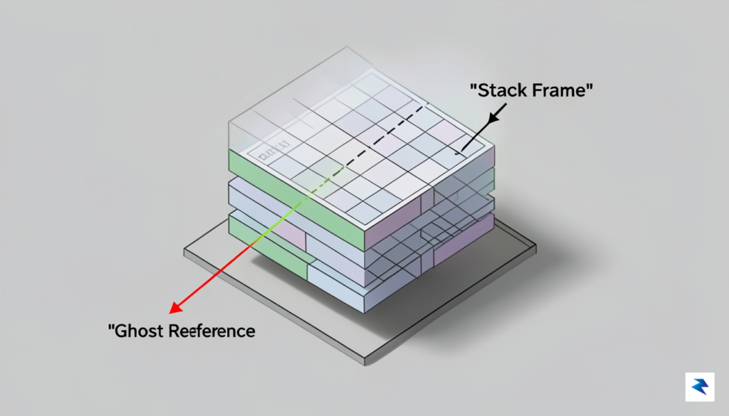 A 3D isometric diagram showing a stack frame being popped…