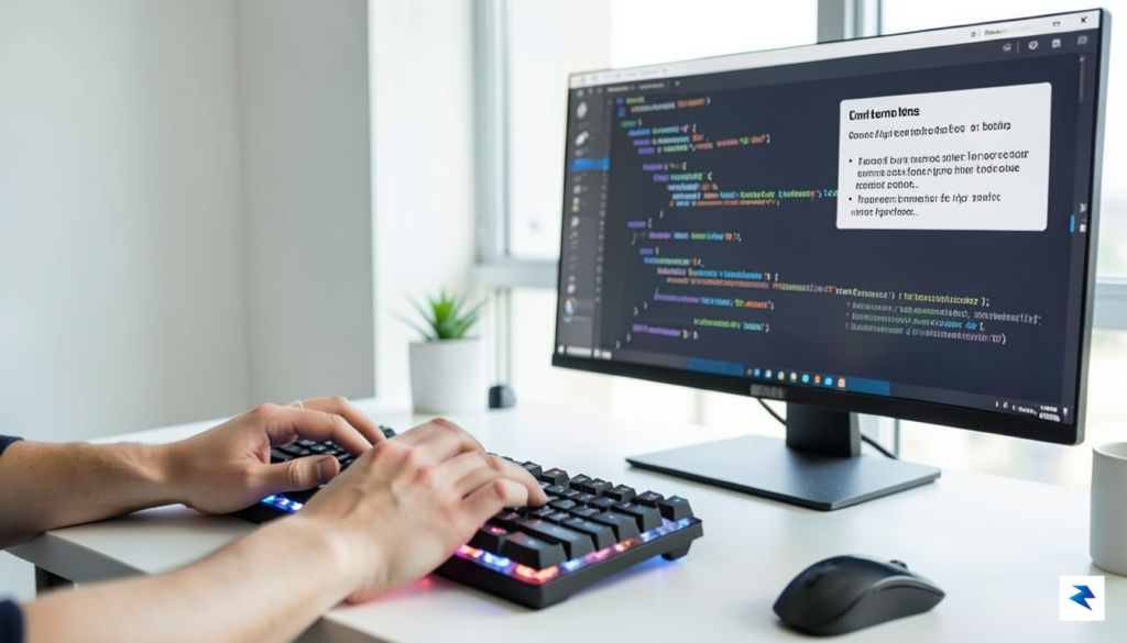 A developer's hands typing on a keyboard, with snippets of…