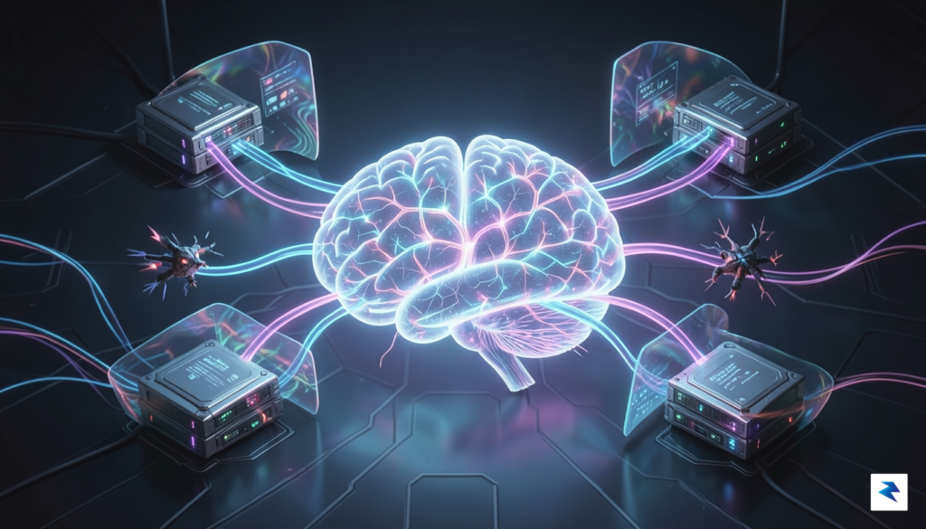 A conceptual digital illustration showing a glowing, translucent AI brain…