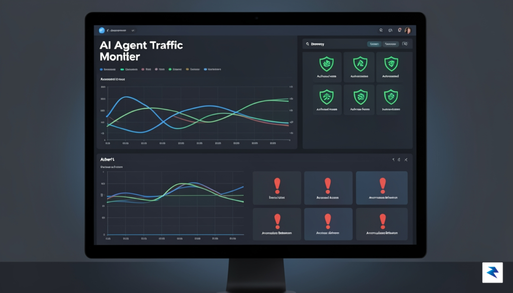 A digital security dashboard displaying real-time monitoring of AI agent…