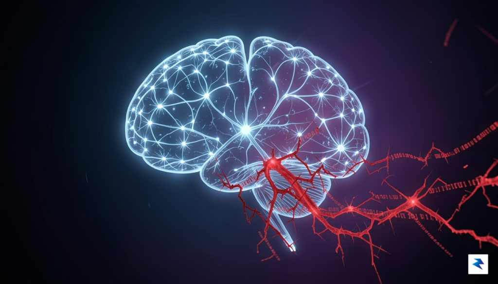 A conceptual digital illustration showing a glowing neural network brain…