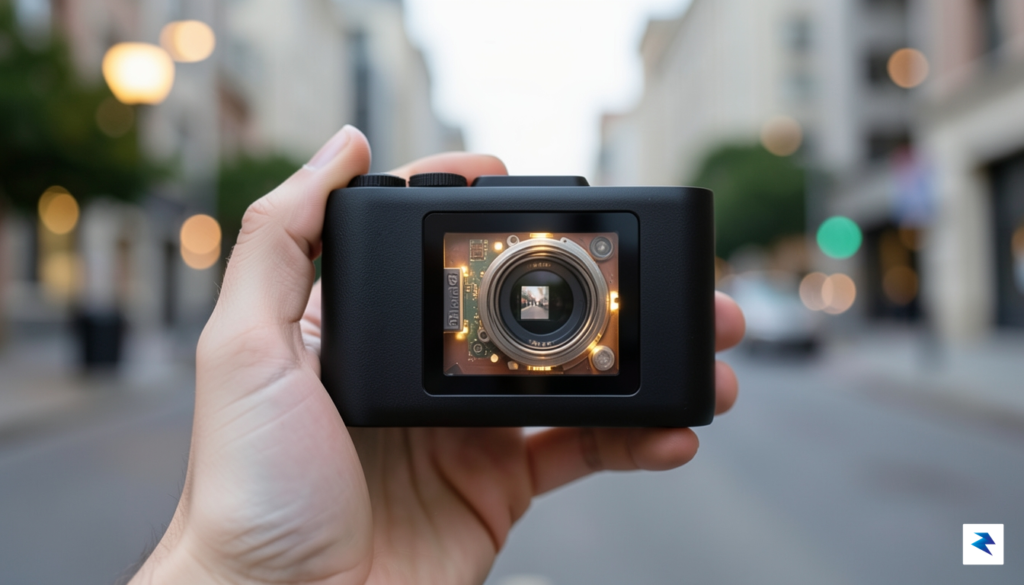 A sleek, minimalist camera held in a creator's hand, showcasing&hellip;