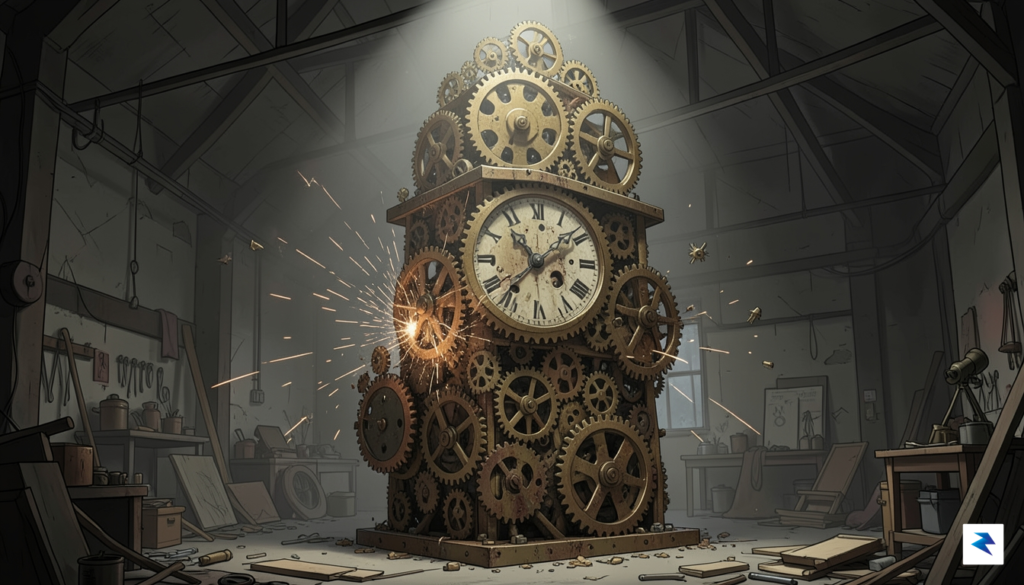 A conceptual illustration of a large clock made of gears,…