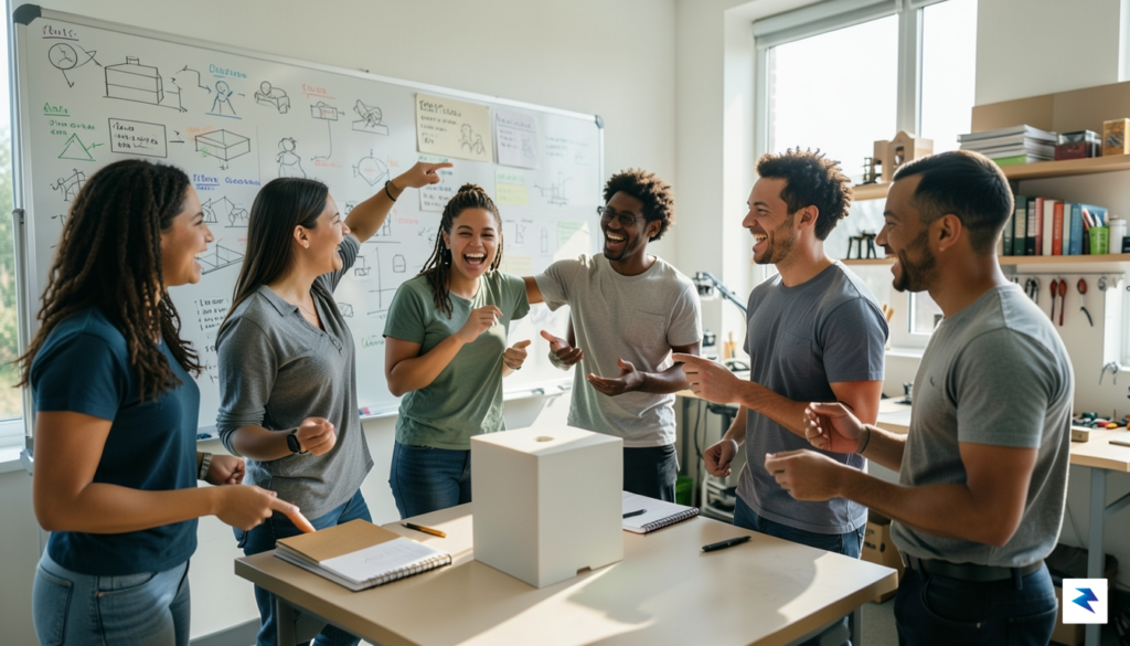 A photograph of a fast-moving, collaborative engineering team pointing at…