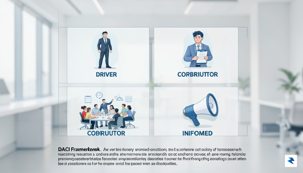 A clean, professional infographic showing the DACI framework with icons…