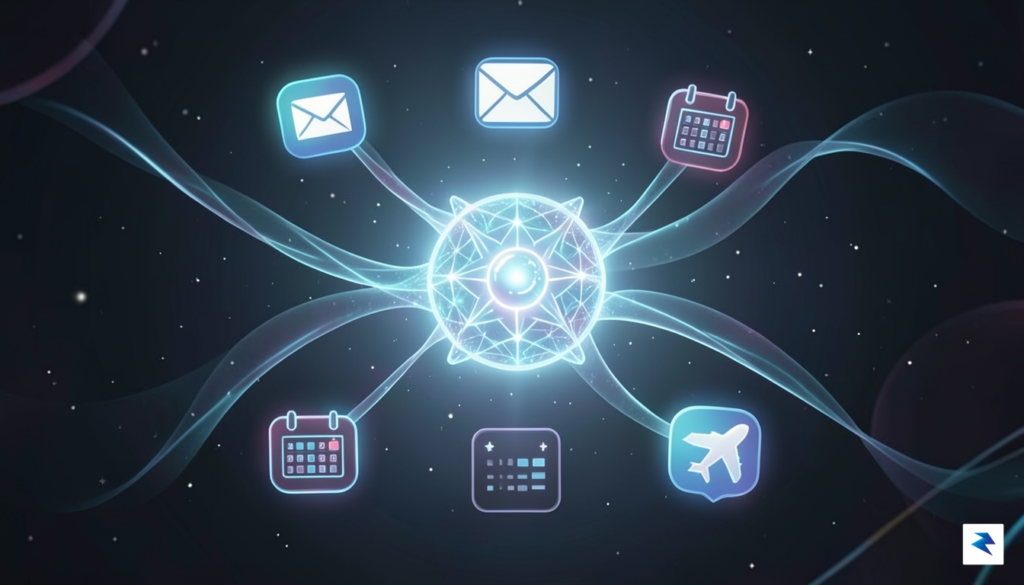 A conceptual digital interface showing a glowing AI node connecting&hellip;