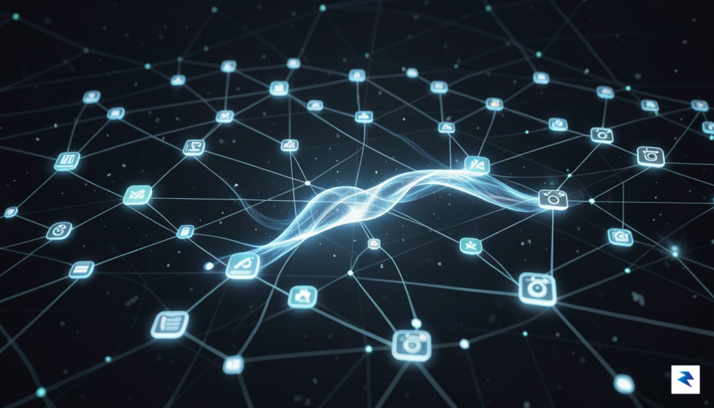 A conceptual digital landscape showing a glowing, interconnected web of&hellip;