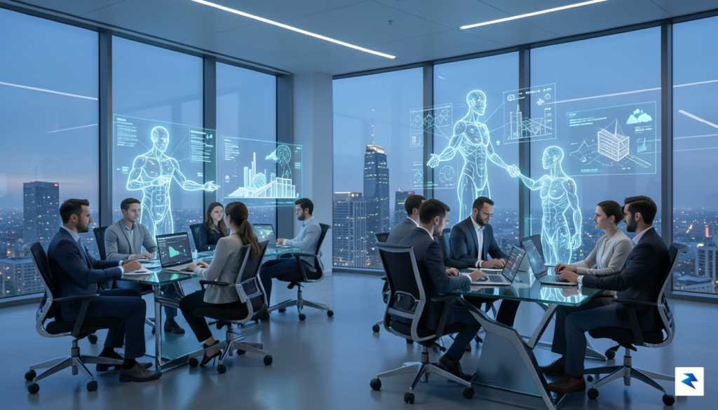 A conceptual digital illustration showing a futuristic professional workspace where&hellip;