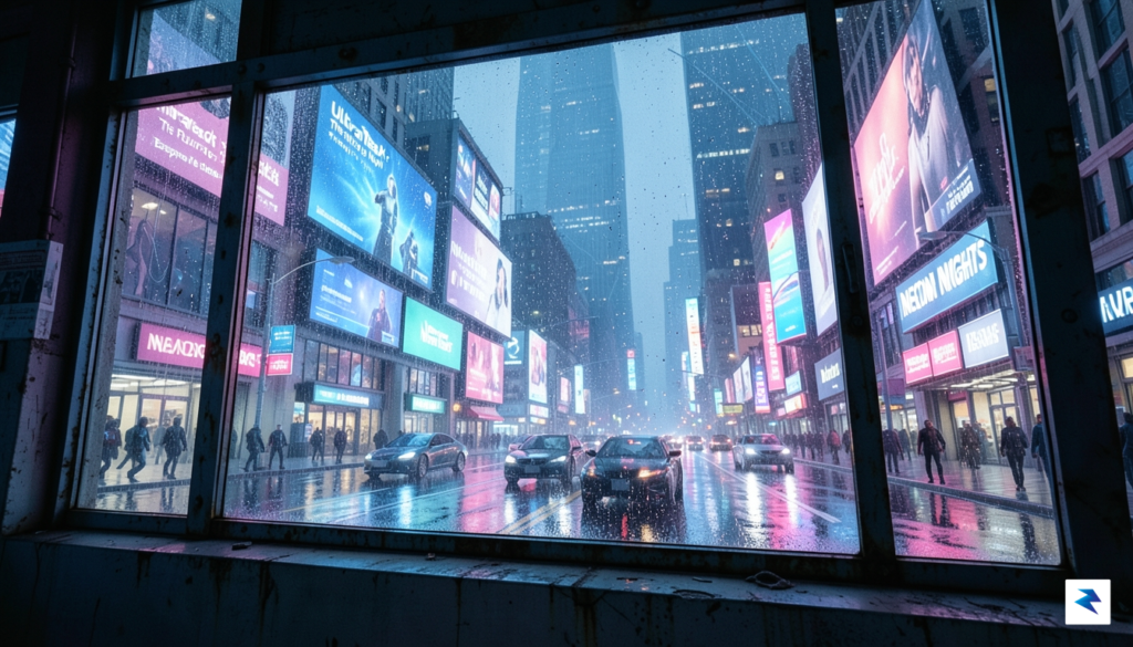 A cinematic shot of a futuristic neon-lit city street reflected&hellip;