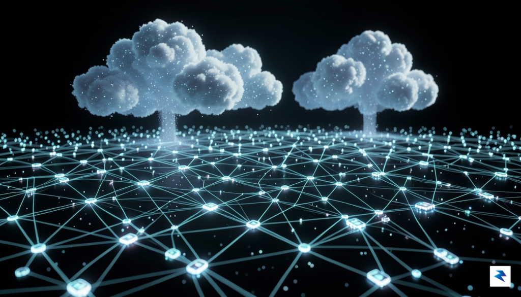 A conceptual digital illustration showing a glowing, interconnected network of&hellip;