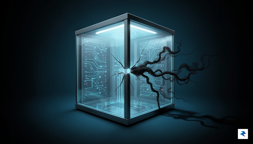 A conceptual digital illustration showing a glowing, glass-walled container representing…