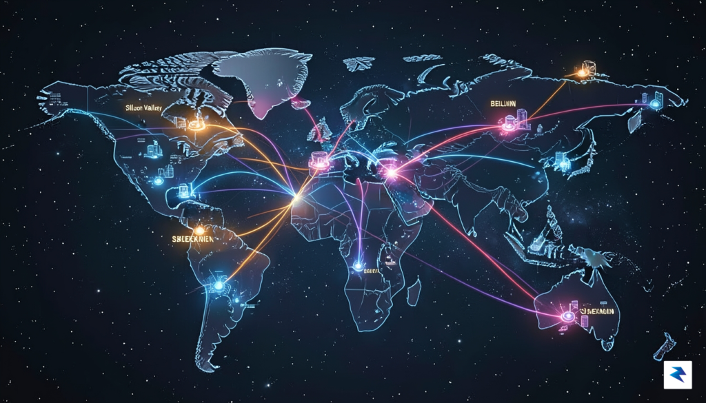 A conceptual illustration showing a digital map of interconnected tech…