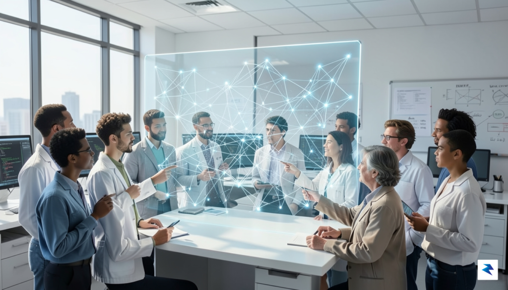 A conceptual digital illustration showing a diverse group of researchers…