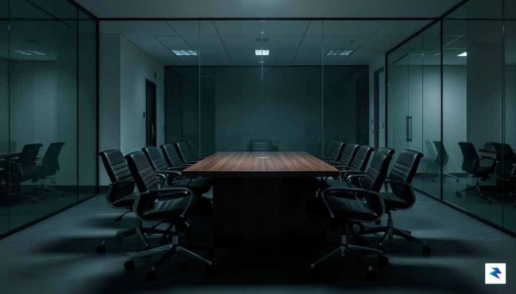 A conceptual, high-contrast photograph showing a modern, dimly lit glass-walled…
